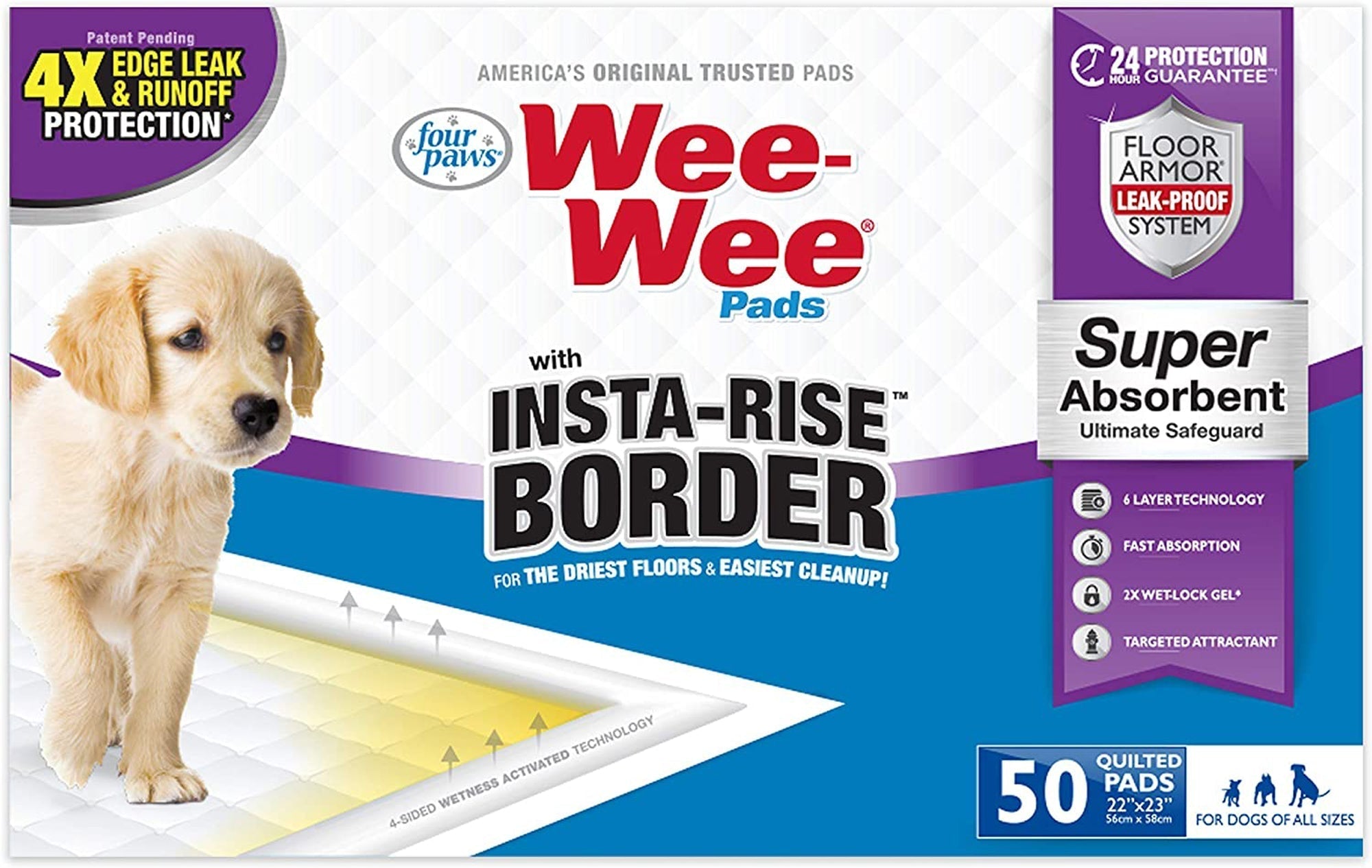 Four Paws Four Paws Wee-Wee Super Absorbent Dog Pee Pads with Insta-Rise������������ Border Insta-Rise Border 1ea/50 ct