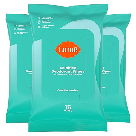 Lume Acidified Deodorant Wipes - 24 Hour Odor Control - Aluminum Free, Baking Soda Free, Skin Safe - 15 Count (Pack of 3) (Cool Cucumber)