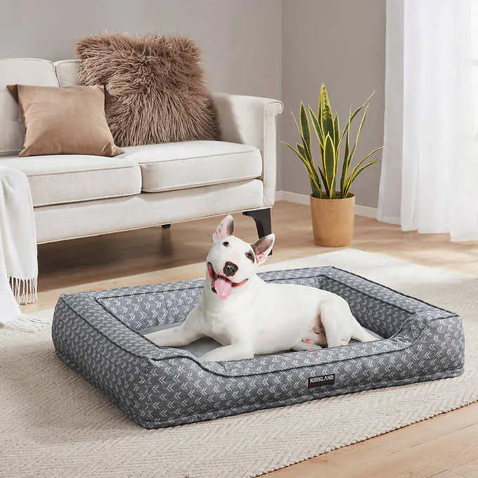 Kirkland Signature Rectangular Large Bolster Cuddler 42" x 32" Pet Bed, Gray Print