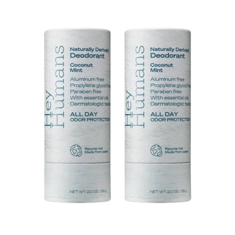 Hey Humans Coconut Mint Vegan, Aluminum Free Deodorant with Natural Ingredients, Coconut Oil & Shea Butter | All Day Odor Protection for Women & Men | Earth-Friendly Packaging, 2 oz. - Pack of 2