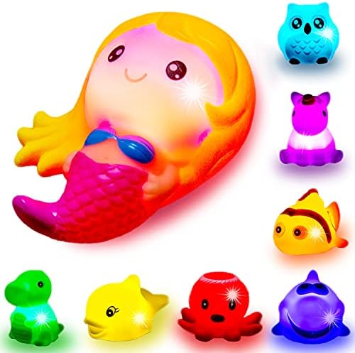 Bath Toys for Toddlers Baby 8 Pack Light Up Toys - Bathtub Toy Flashing Colourful LED Light Shower Bathtime for Kids Infants Shark, Clown Fish, Owl, Unicorn, Octopus, Dolphin, Dinosaur Mermaid
