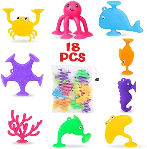 Baby Suction Cup Toys, Silicone Ocean Animals Sucker Toys with Mesh Bag Storage, 18 PCS Bath Toys for Kids Ages 4-8, Sensory, Window and Travel Toy, Montessori Gift for 3 4 5 6 7 Years Old Boys Girls