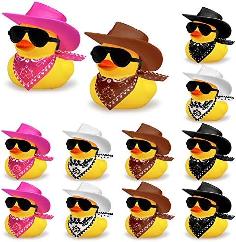 12 PCS Cowboy Duck with Hat and Sunglasses Mini Duckies Toys for Birthday Swimming Party Gift Favor