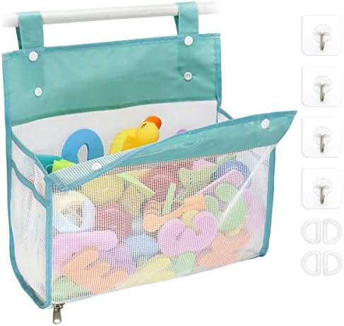Bath Toy Organizer Multiple Ways to Hang, Extra Large Opening Bathroom Toy Holder, Bottom Zipper Bathtub Toy Storage Bag (Blue)