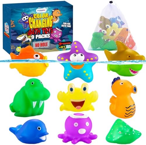 Color Changing Mold Free Bath Toys for Kids Toddlers, Color Change Sea Creatures Ocean Animal Toys with Drying Bag(9 Pack), No Hole No Mold Baby Bath Toys Water Toys Floating Fish Toys