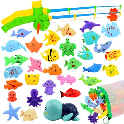 AUUGUU Magnetic Fishing Pool Toys Game, Water Table Bathtub Toy with Pole Rod Floating Fish, Birthday Party Gifts for Toddler Age 3 4 5 6 Year Old, Kids Outdoor Toys, Bath Toys
