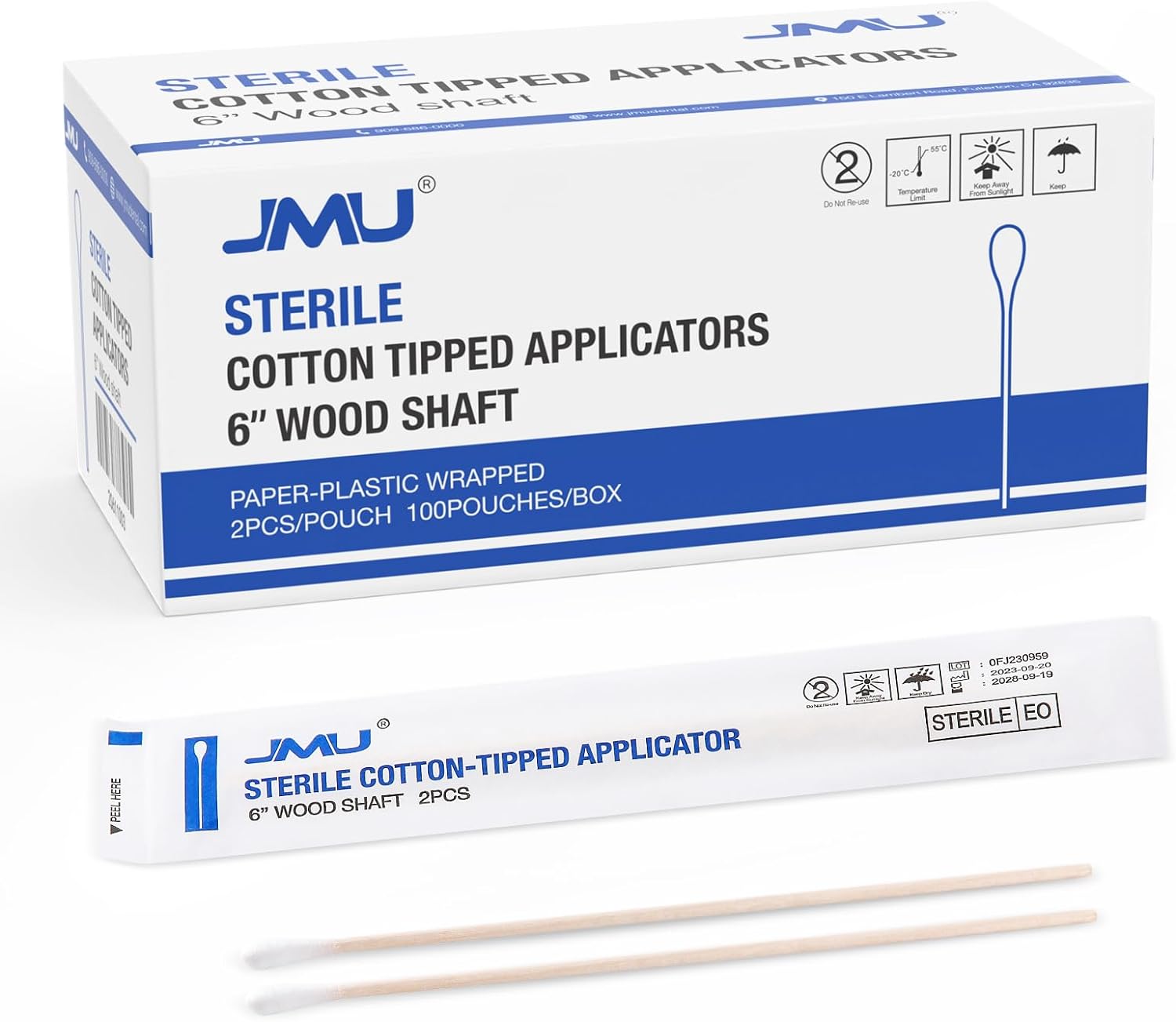 JMU 6 Inch Sterile Cotton Tipped Applicators, 200 Count Long Cotton Swabs, Wood Shaft Medical Swabs