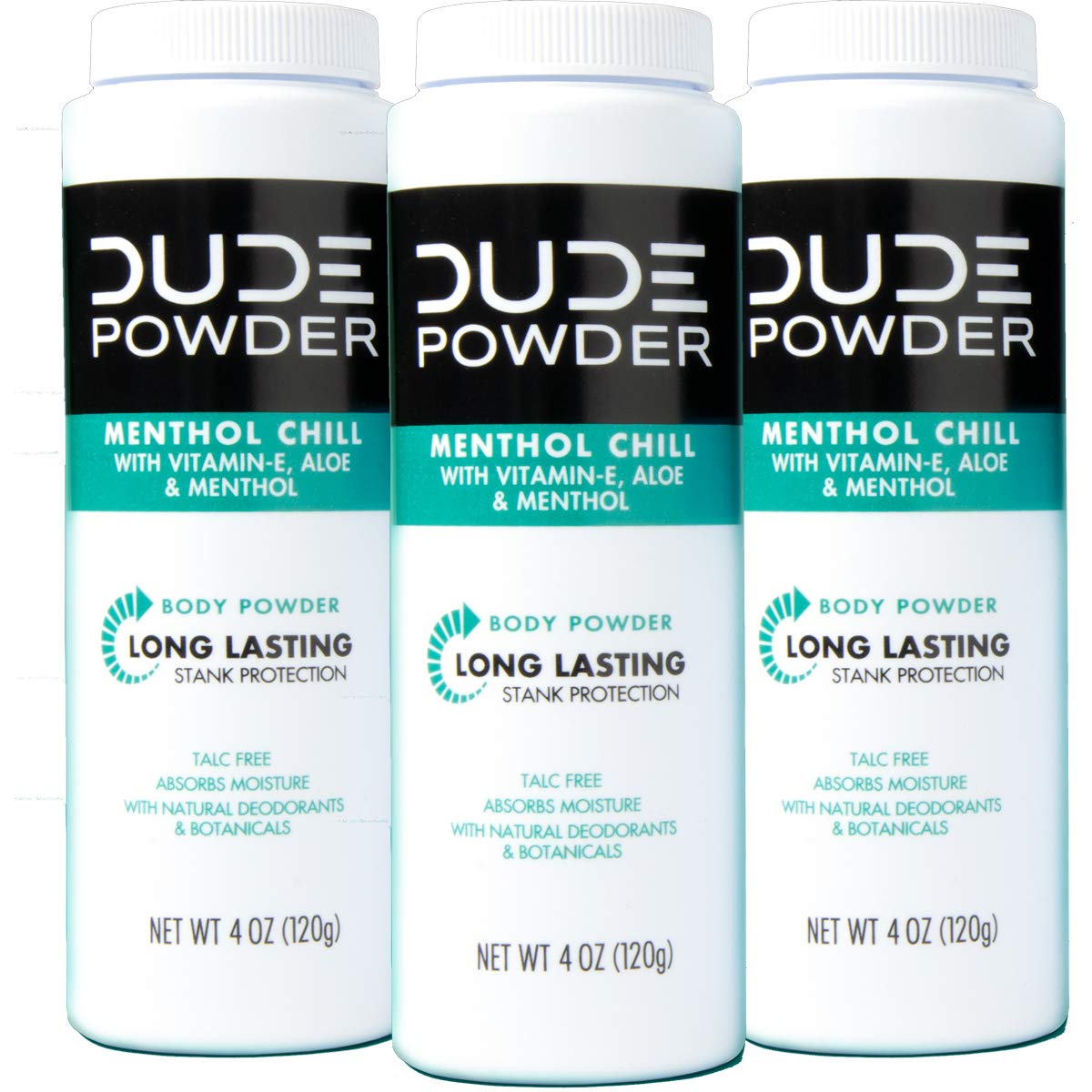 DUDE Body Powder - Menthol Chill 4 Ounce (3 Bottle Pack) Natural Deodorizers Cooling Menthol & Aloe, Talc Free Formula, Corn-Starch Based Daily Post-Shower Deodorizing Powder for Men