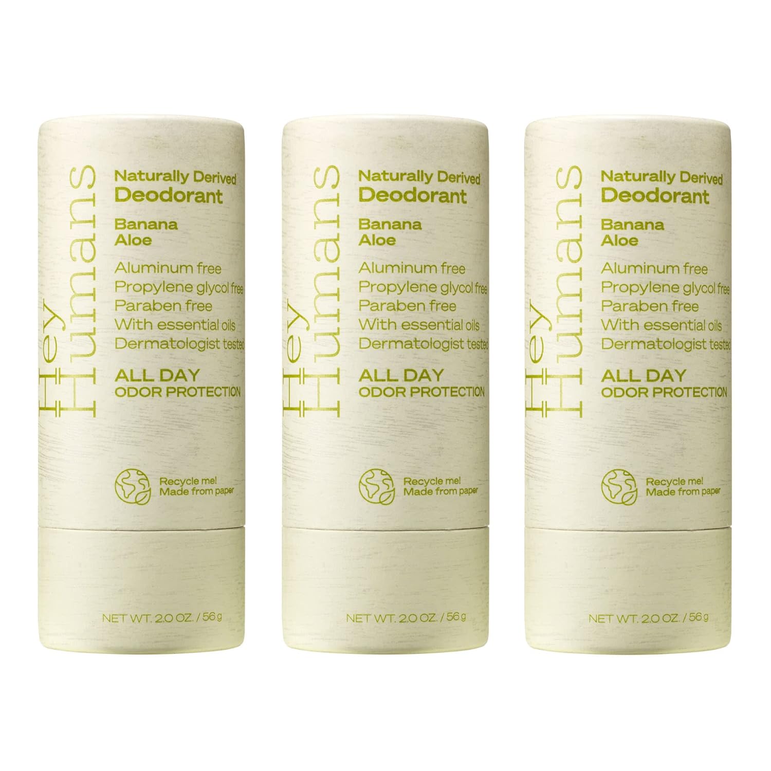 Hey Humans Banana Aloe Vegan, Aluminum Free Deodorant with Natural Ingredients, Coconut Oil & Shea Butter | All Day Odor Protection for Women & Men | 2 oz. - Pack of 3