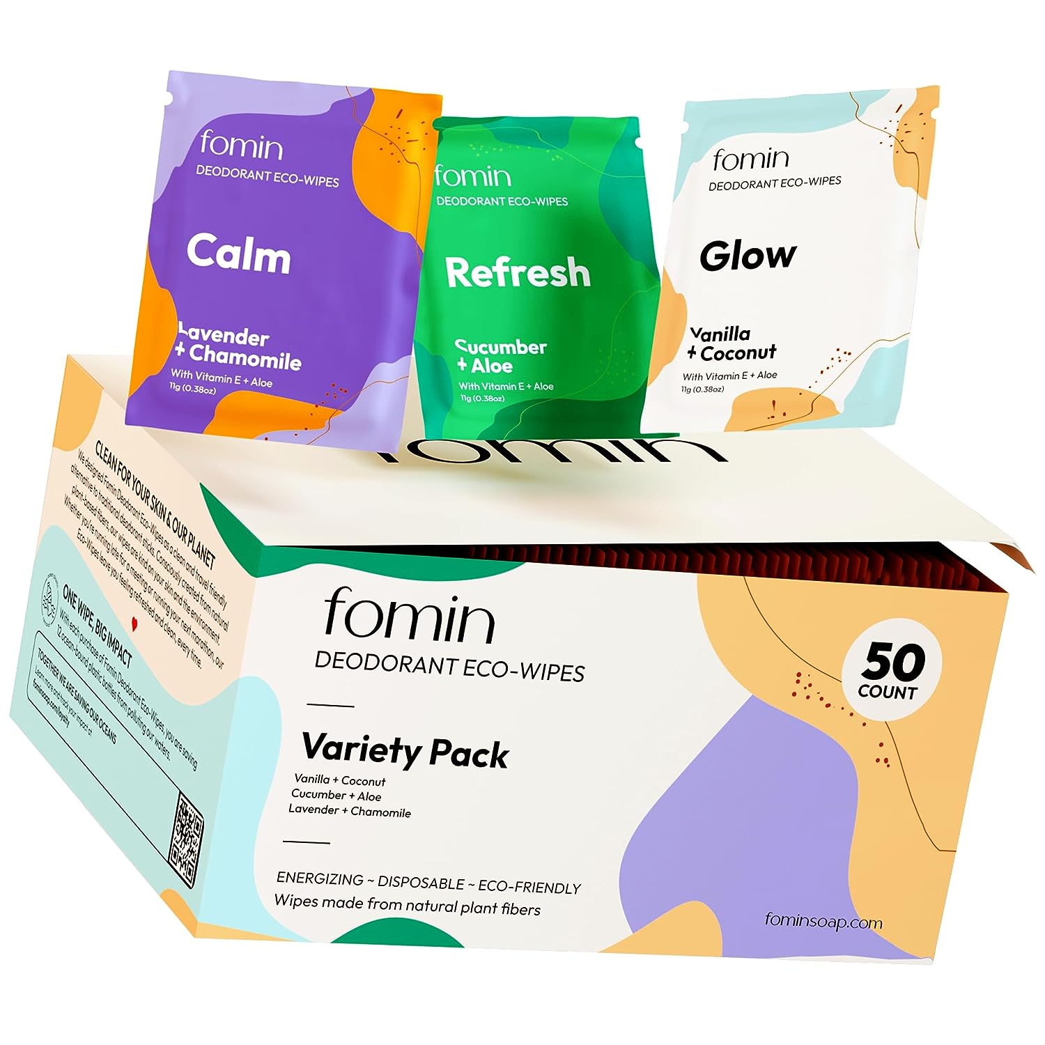 FOMIN Deodorant Wipes - 50 Count - Variety Pack - Eco-Friendly Mini Deodorant Wipes for Women, Travel Size Individually Wrapped Wipes, Anti Sweat & Armpit Deodorant Wipes for Sensitive Skin