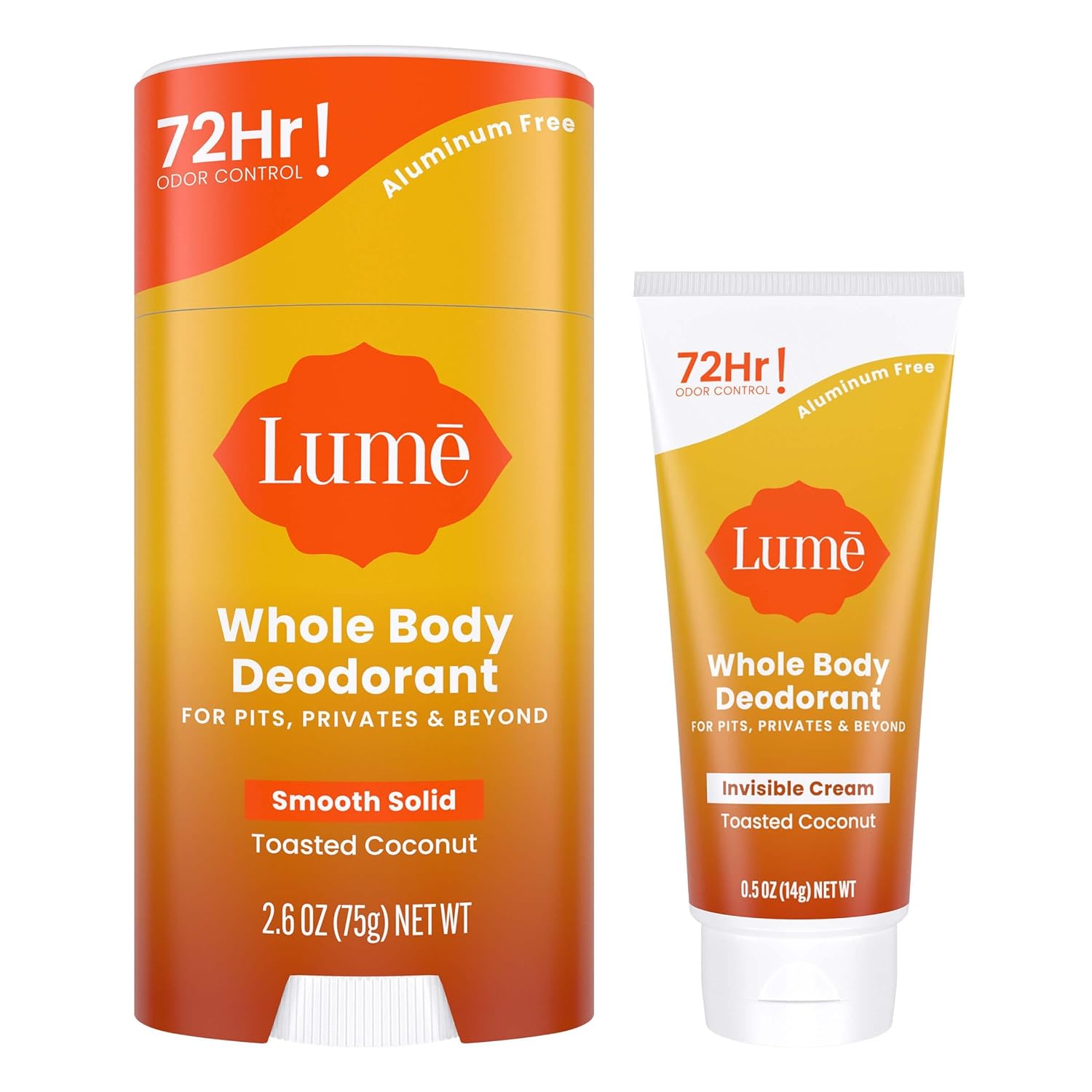 Lume Whole Body Deodorant - Invisible Cream Tube Mini and Solid Stick - 72 Hour Odor Control - Aluminum Free, Baking Soda Free, Skin Safe - 0.5 Oz Mini Tube + 2.6 Oz Solid Stick (Toasted Coconut)