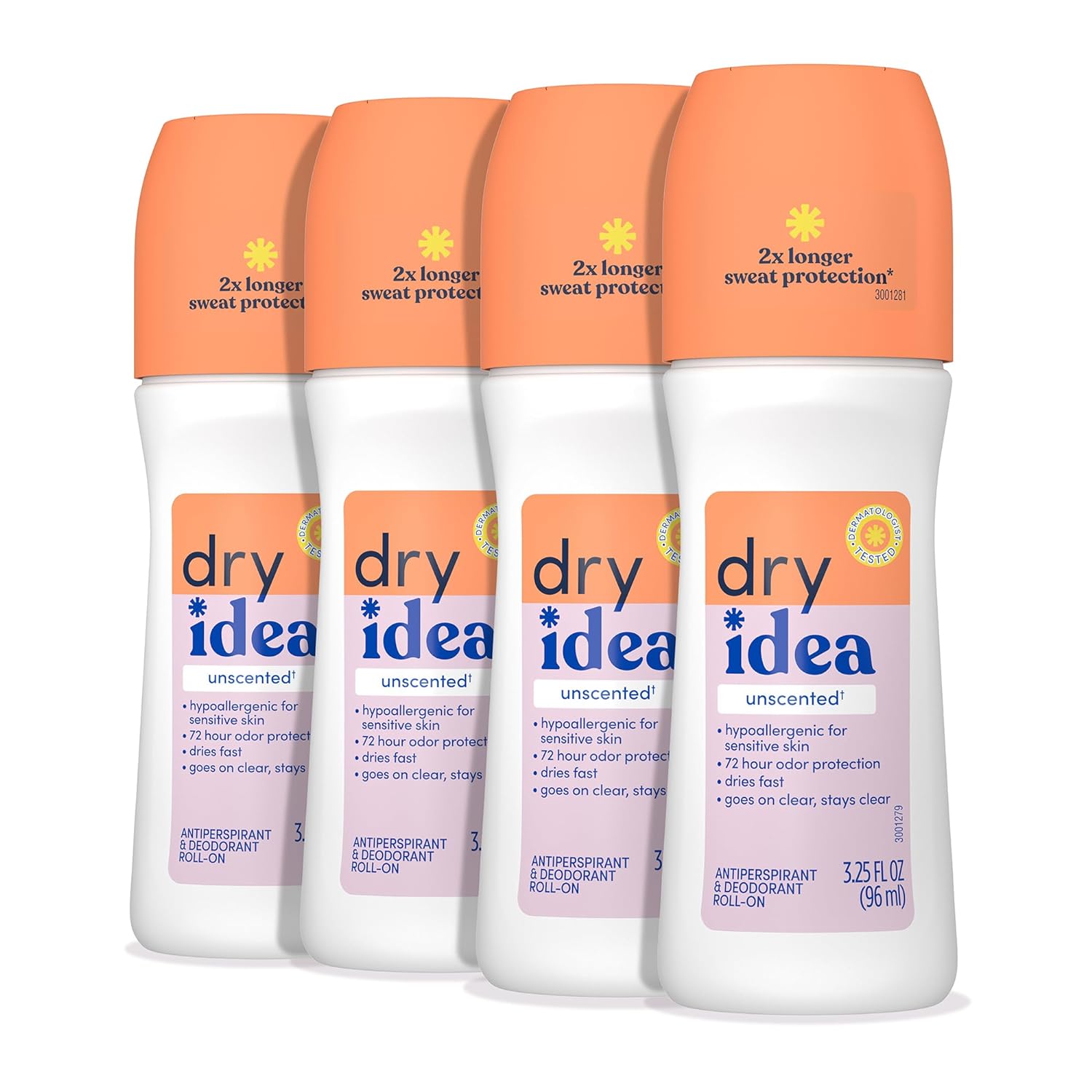 Dry Idea Roll-On Deodorant & Antiperspirant | 2X Longer Sweat Protection | 72-Hour Odor Protection | Unscented & Hypoallergenic for Sensitive Skin, 3.25 oz. (4-Pack)