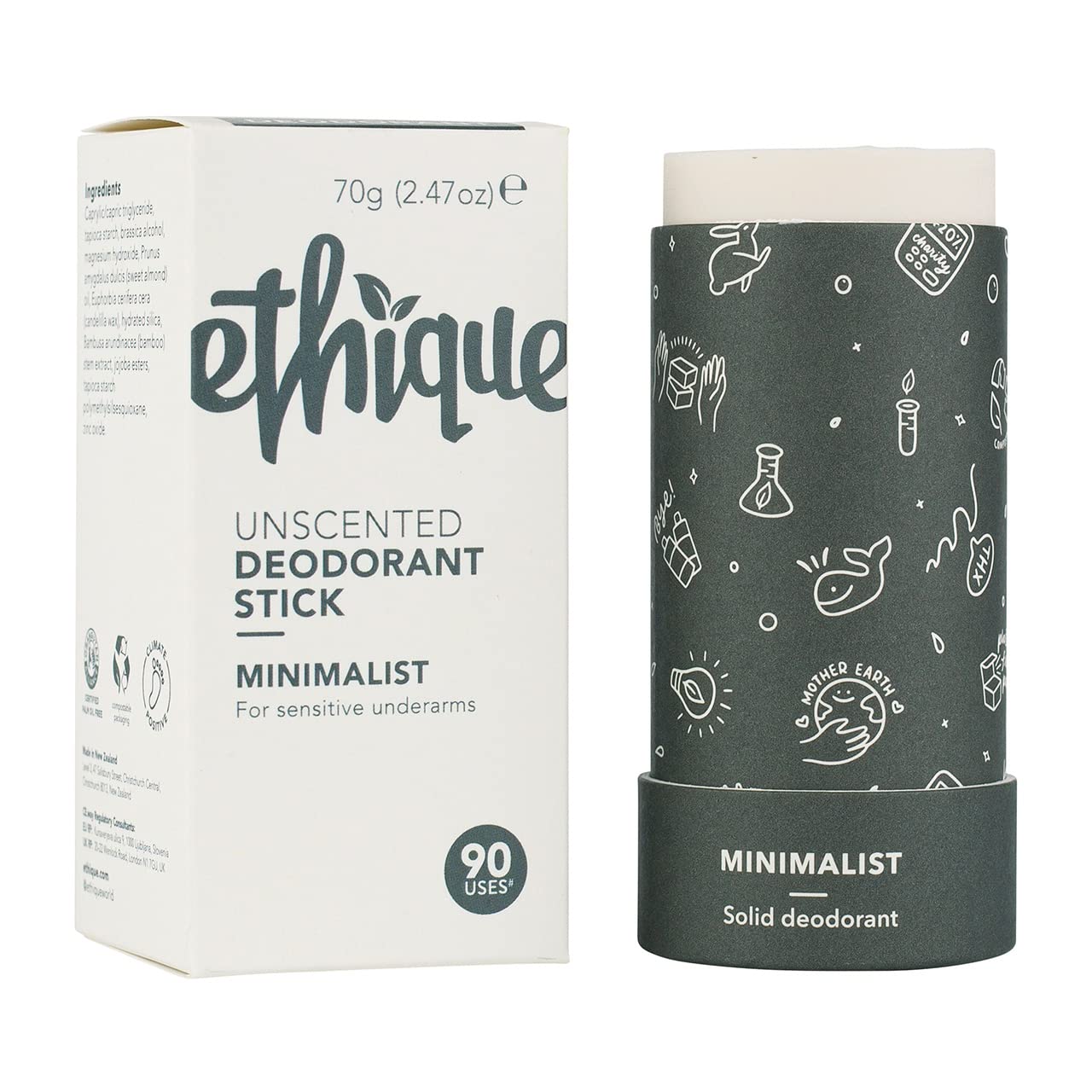 Ethique Minimalist Unscented Deodorant Stick for Men & Women - Aluminum-Free, Plastic-Free, Vegan, Cruelty-Free, Eco-Friendly, 2.47 oz (Pack of 1)