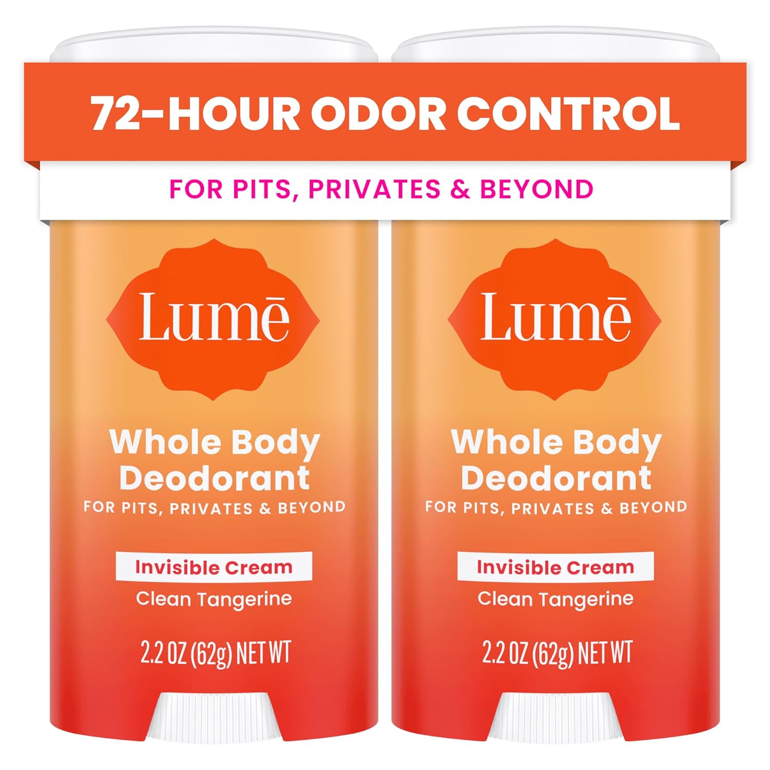 Lume Whole Body Deodorant - Invisible Cream Stick - 72 Hour Odor Control - Aluminum Free, Baking Soda Free, Skin Safe - 2.2 Ounce (Pack of 2) (Clean Tangerine)