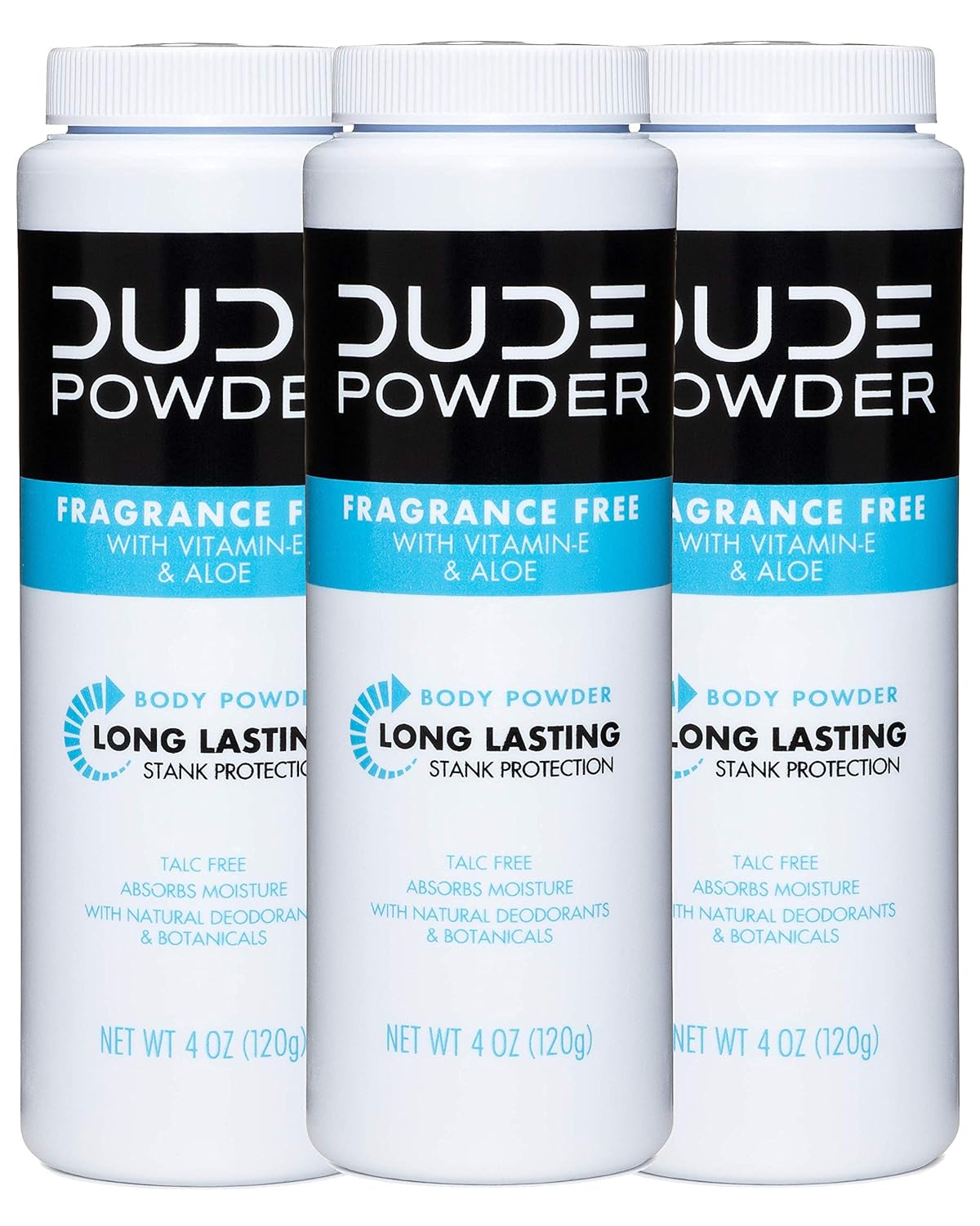 DUDE Body Powder - Fragrance Free 4 Ounce (3 Bottle Pack) Natural Deodorizers With Chamomile & Aloe, Talc Free Formula, Corn-Starch Based Daily Post-Shower Deodorizing Powder for Men