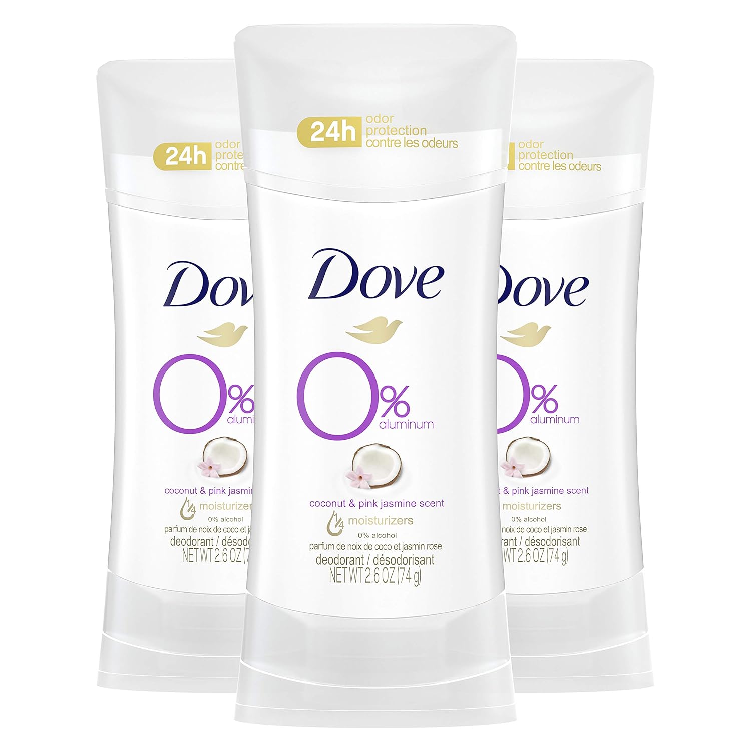 Dove Aluminum Free Deodorant for Women 24-Hour Odor Protection, Coconut and Pink Jasmine, White, 2.6 Ounce (Pack of 3)