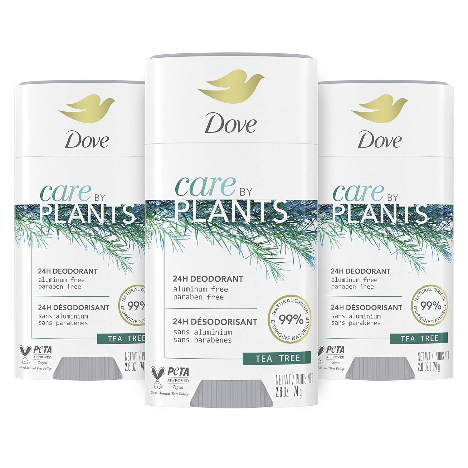 Dove Care by Plants Deodorant Stick for long-lasting deodorant protection Tea Tree aluminum free deodorant, 2.6 Oz, Pack of 3