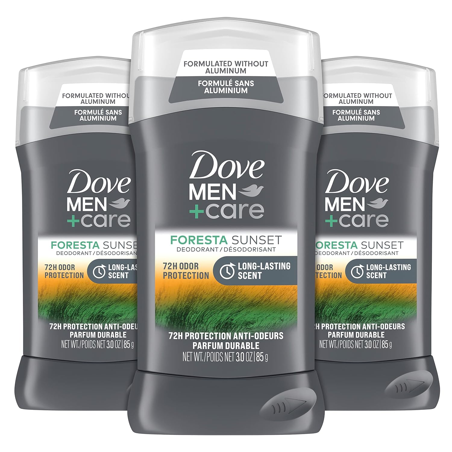 DOVE MEN + CARE Deodorant Stick For Men Foresta Sunset 3 Count Aluminum Free 72-Hour Odor Protection Mens Deodorant With Essential Oils & 1/4 Moisturizing Cream 3oz