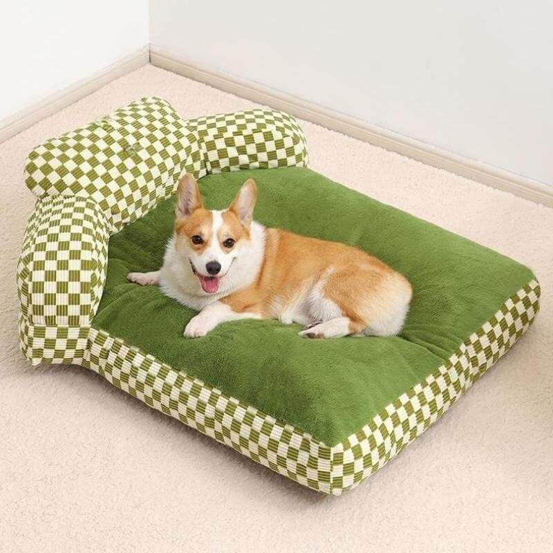Full Backrest Pet Sofa Chequerboard Plush Dog & Cat Sofa Bed